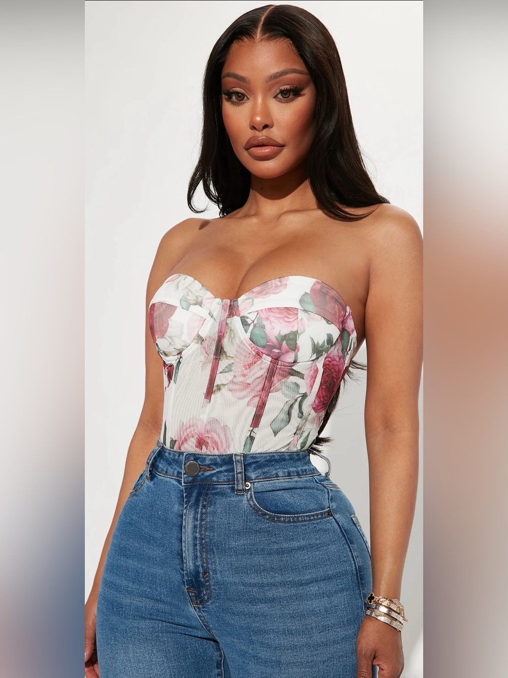 X-large Fashion Nova White Floral Strapless Mesh Top